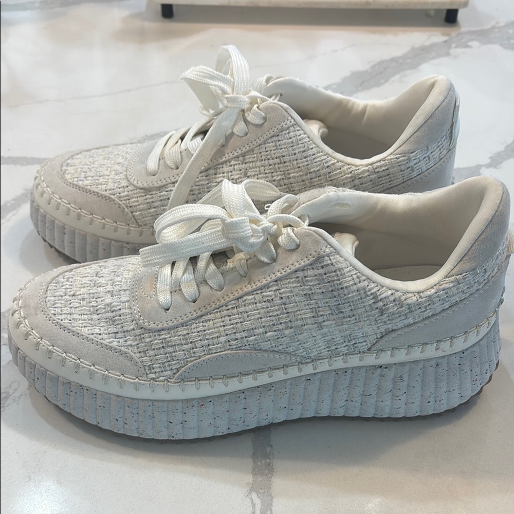 Like Chloe White Woven Knit Lace-Up Sneakers